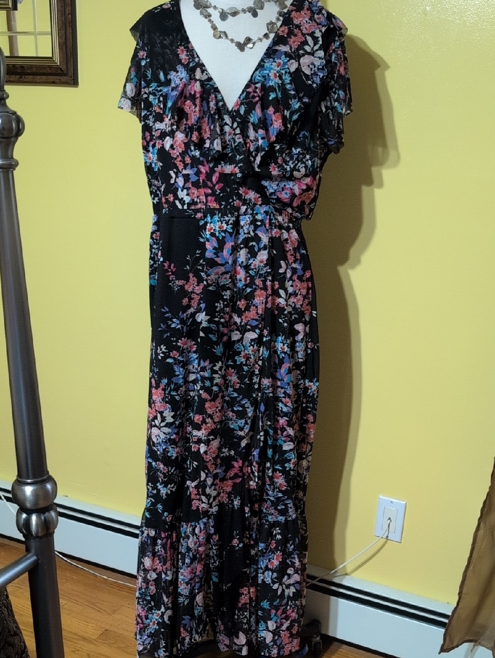 Apt. 9 Black Floral Wrap Maxi Dress with Pink & Blue Blooms